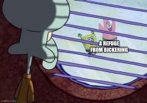 Miserable Squidward watches from his window as SpongeBob and Patrick frolick, labelled a refuge from bickering