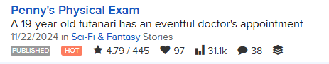 Penny's Physical Exam story card, published 11/22/2024, 4.79/445, 97 favorites, 31.1k views, 38 comments