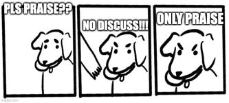 A three-panel image based on the no take, only throw meme. Panel one: a plaintive-looking dog with a ball in its mouth emotes Pls praise?? Panel 2: somebody is reaching for the ball, but the dog looks angry and emotes No discuss!!! Panel 3: close-up on dog, still looking angry: Only praise.