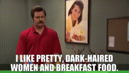 pretty dark haired women and breakfast food.gif